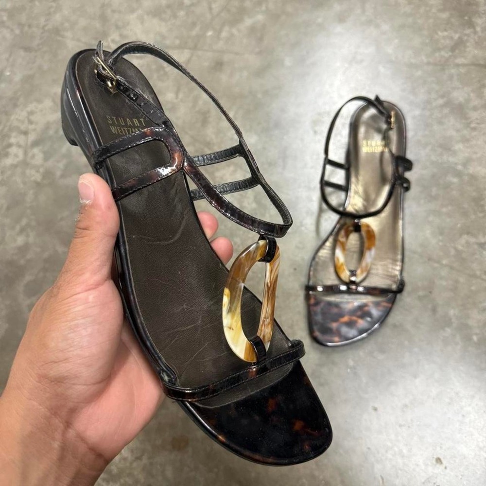 Stuart Weitzman Brown Tortoise Shell Patent Leather Slingback Sandals Womens 9.5